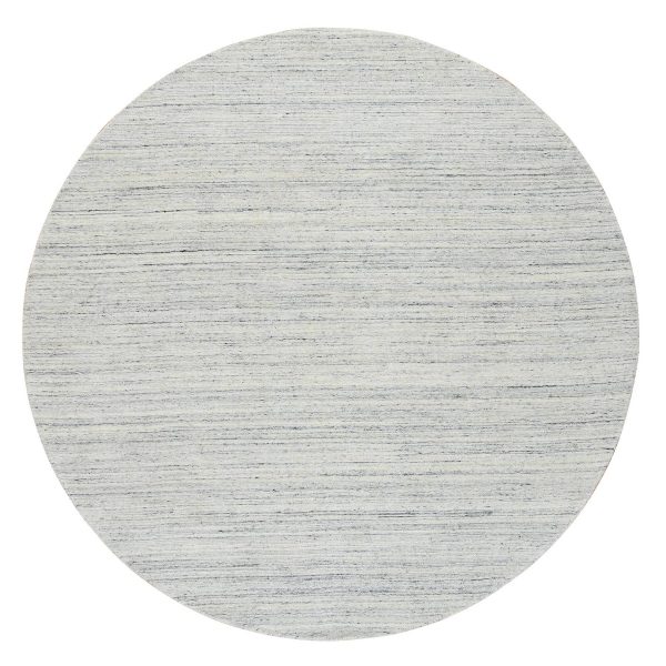7'10"x7'10" Ivory, Soft Pile Pure Wool Hand Loomed, Plain Modern Striped Design, Round Oriental Rug HR64772
