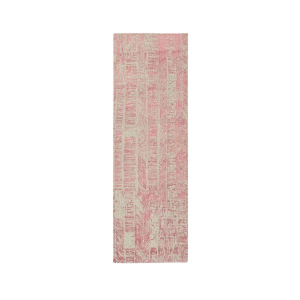 2'6"x8' Rose Pink, Jacquard Hand Loomed, All Over Design Wool and Art Silk, Runner Oriental Rug HR64812