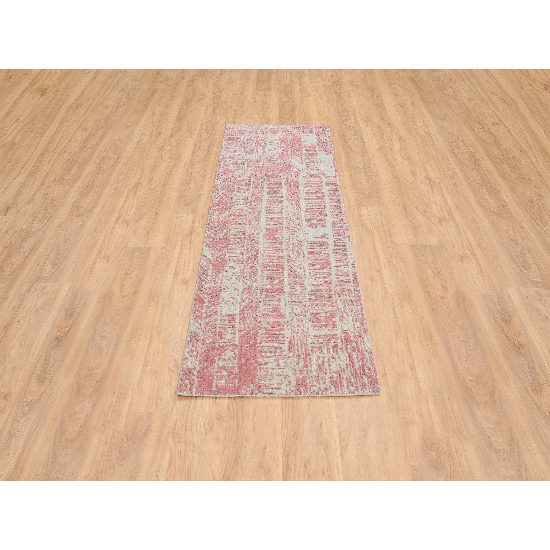 2'6"x8' Rose Pink, Jacquard Hand Loomed, All Over Design Wool and Art Silk, Runner Oriental Rug HR64812 - Image 2