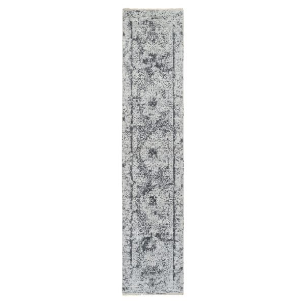2'7"x12' Silver Gray, Wool and Silk Hand Knotted, Erased Persian Design, Runner Oriental Rug HR64837