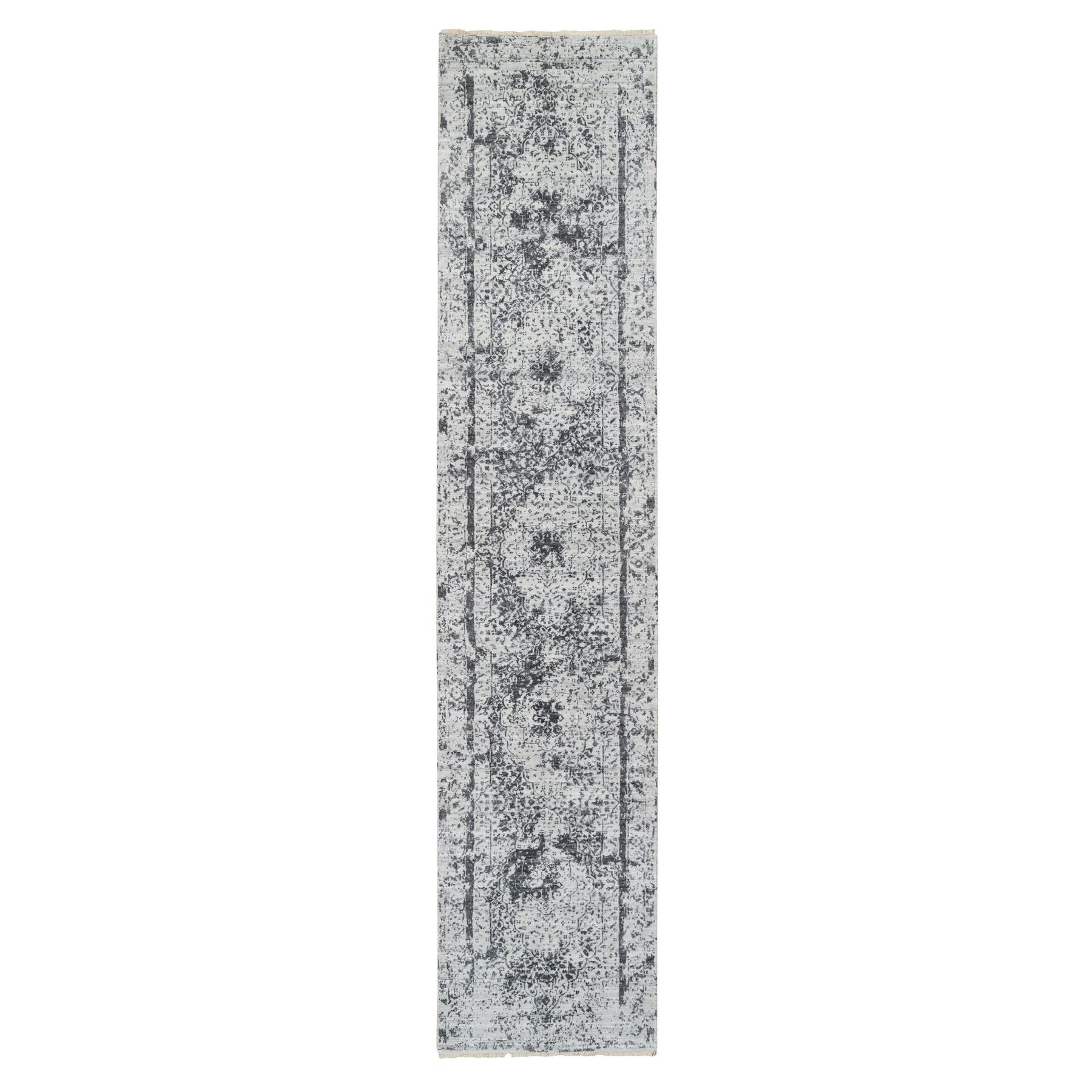 2'7"x12' Silver Gray, Wool and Silk Hand Knotted, Erased Persian Design, Runner Oriental Rug HR64837