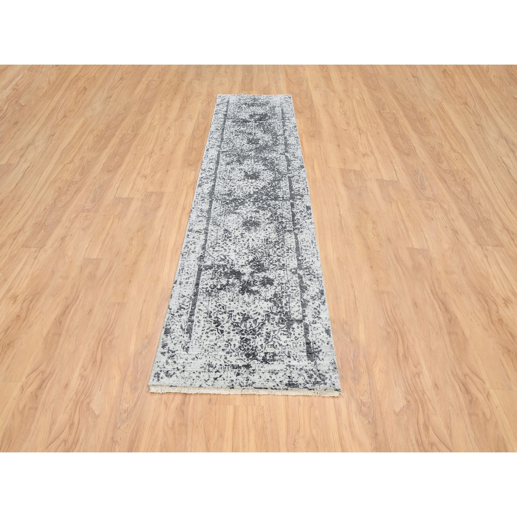 2'7"x12' Silver Gray, Wool and Silk Hand Knotted, Erased Persian Design, Runner Oriental Rug HR64837 - Image 2