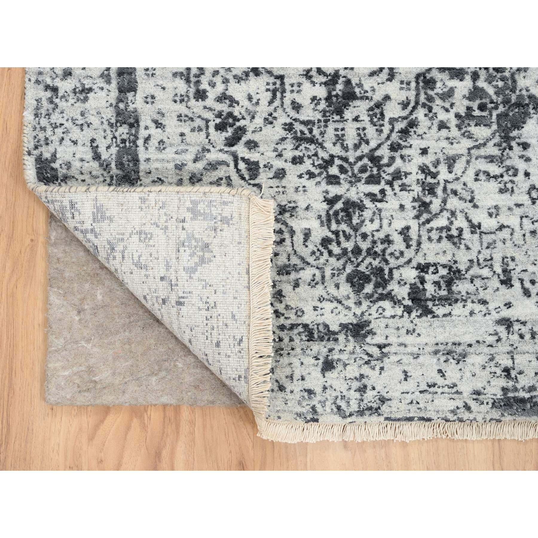 2'7"x12' Silver Gray, Wool and Silk Hand Knotted, Erased Persian Design, Runner Oriental Rug HR64837 - Image 3