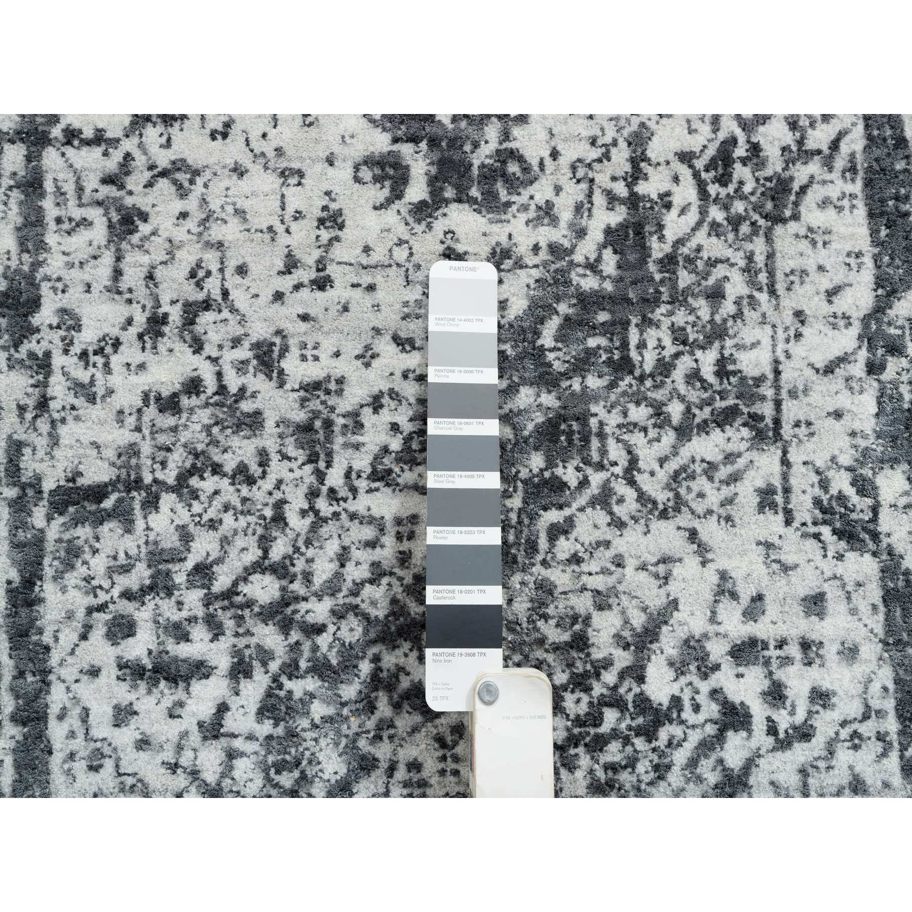 2'7"x12' Silver Gray, Wool and Silk Hand Knotted, Erased Persian Design, Runner Oriental Rug HR64837 - Image 4