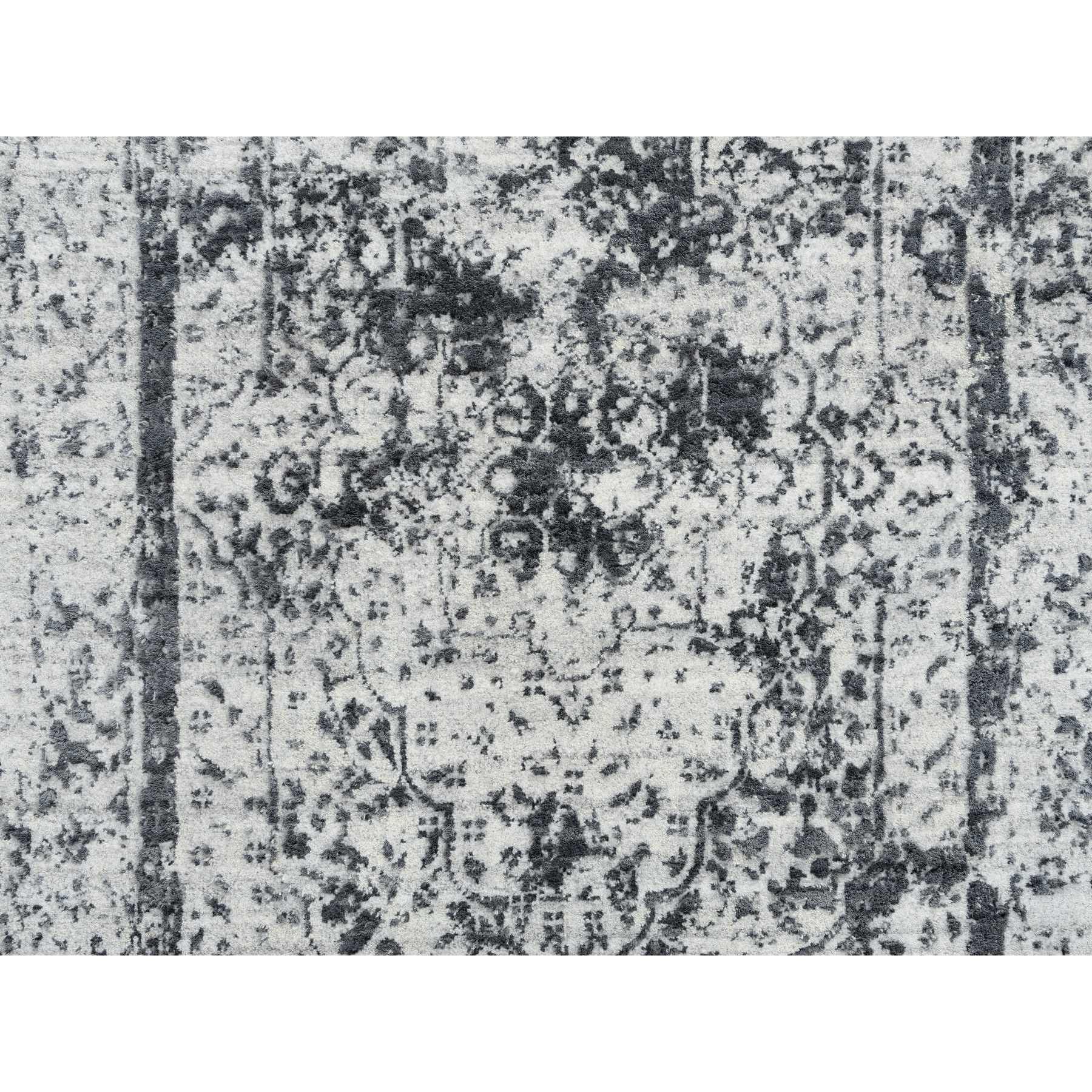 2'7"x12' Silver Gray, Wool and Silk Hand Knotted, Erased Persian Design, Runner Oriental Rug HR64837 - Image 5
