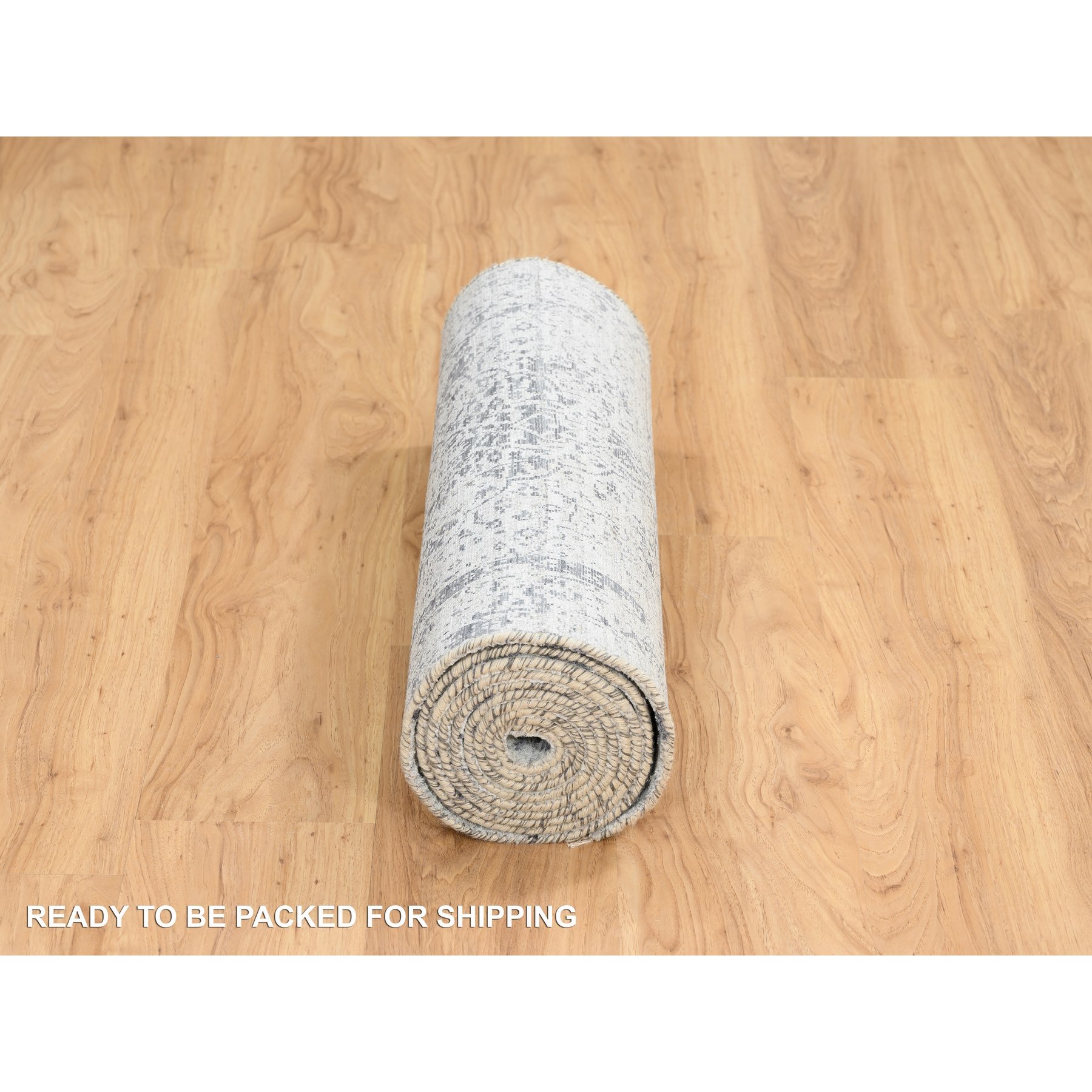 2'7"x12' Silver Gray, Wool and Silk Hand Knotted, Erased Persian Design, Runner Oriental Rug HR64837 - Image 6