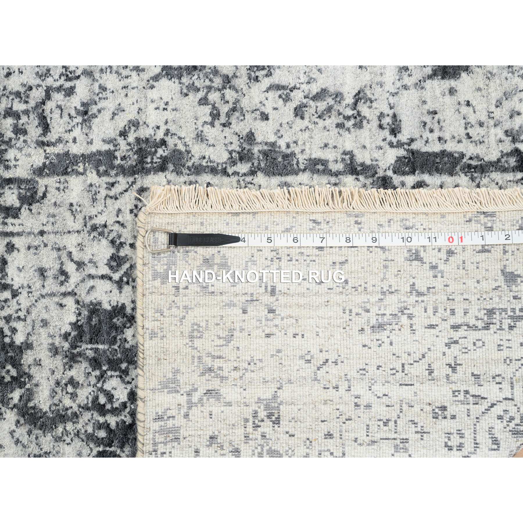 2'7"x12' Silver Gray, Wool and Silk Hand Knotted, Erased Persian Design, Runner Oriental Rug HR64837 - Image 8