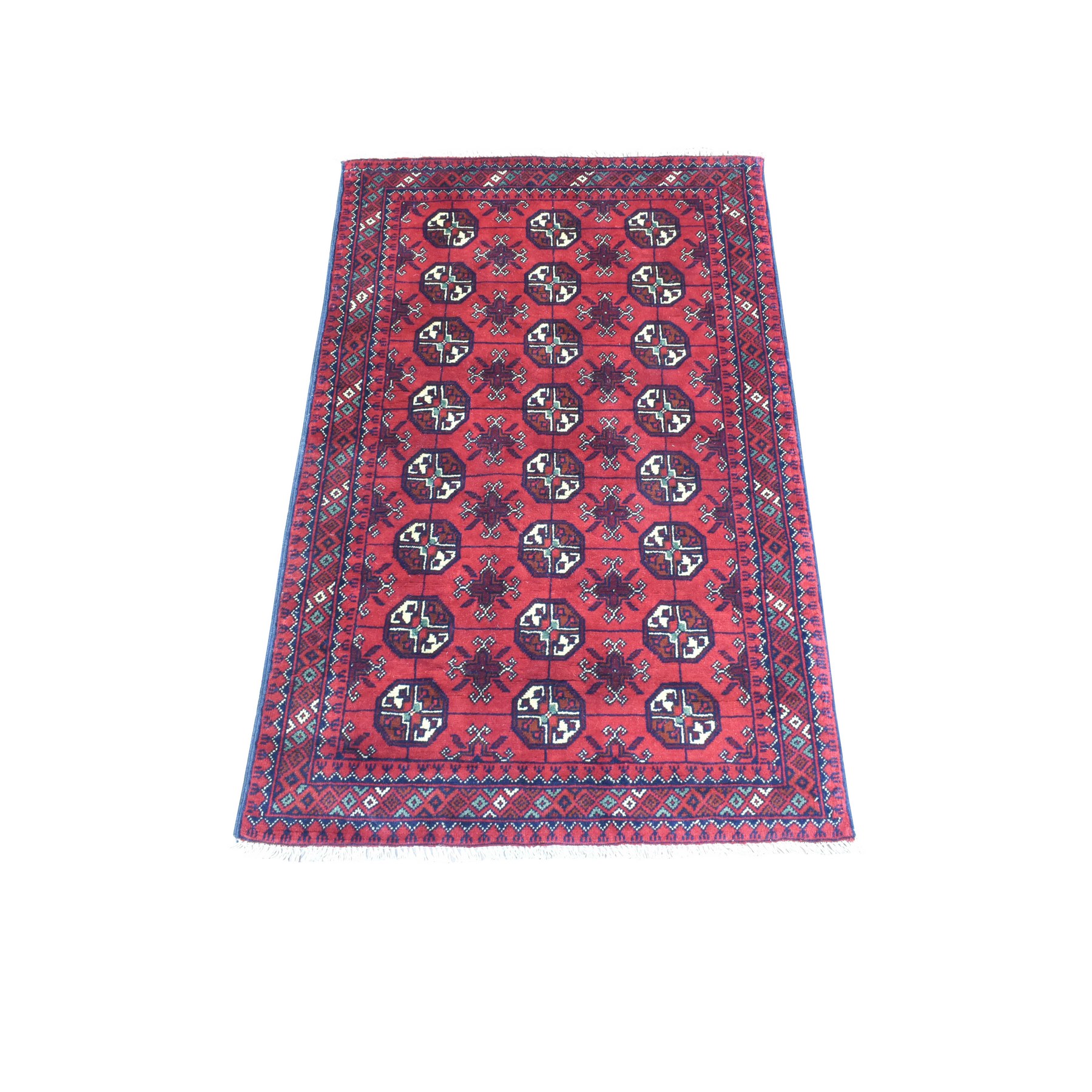 2'7"x3'10" Deep and Saturated Red, Hand Knotted Afghan Khamyab with Bokara, Soft Organic Wool, Oriental Rug HR72337