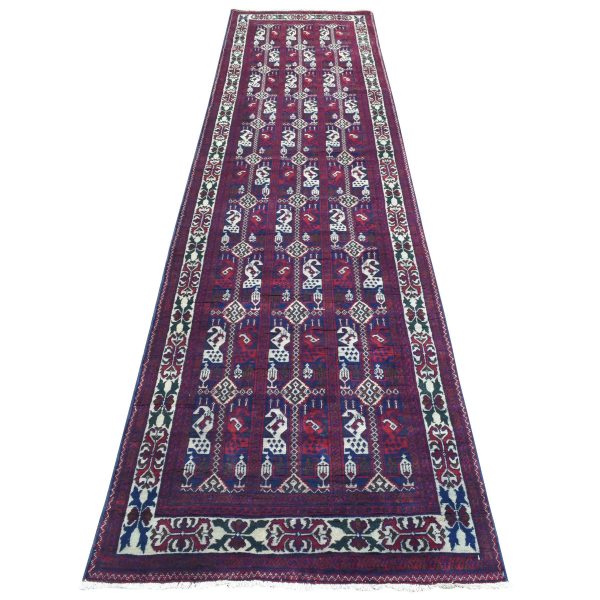3'x12'5" Deep and Saturated Red, Afghan Khamyab with Geometric Design, Soft and Velvety Wool Hand Knotted, Wide Runner Oriental Rug HR72340