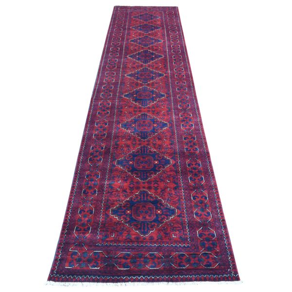 2'10"x13' Deep and Saturated Red, Afghan Khamyab with Tribal Medallions Design, Soft and Shiny Wool Hand Knotted, Runner Oriental Rug HR72346
