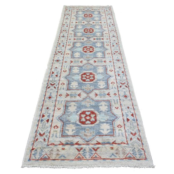 3'1"x10'2" Light Gray Natural Wool, Anatolian Village Inspired Geometric Design Hand Knotted Runner Oriental Rug HR72409