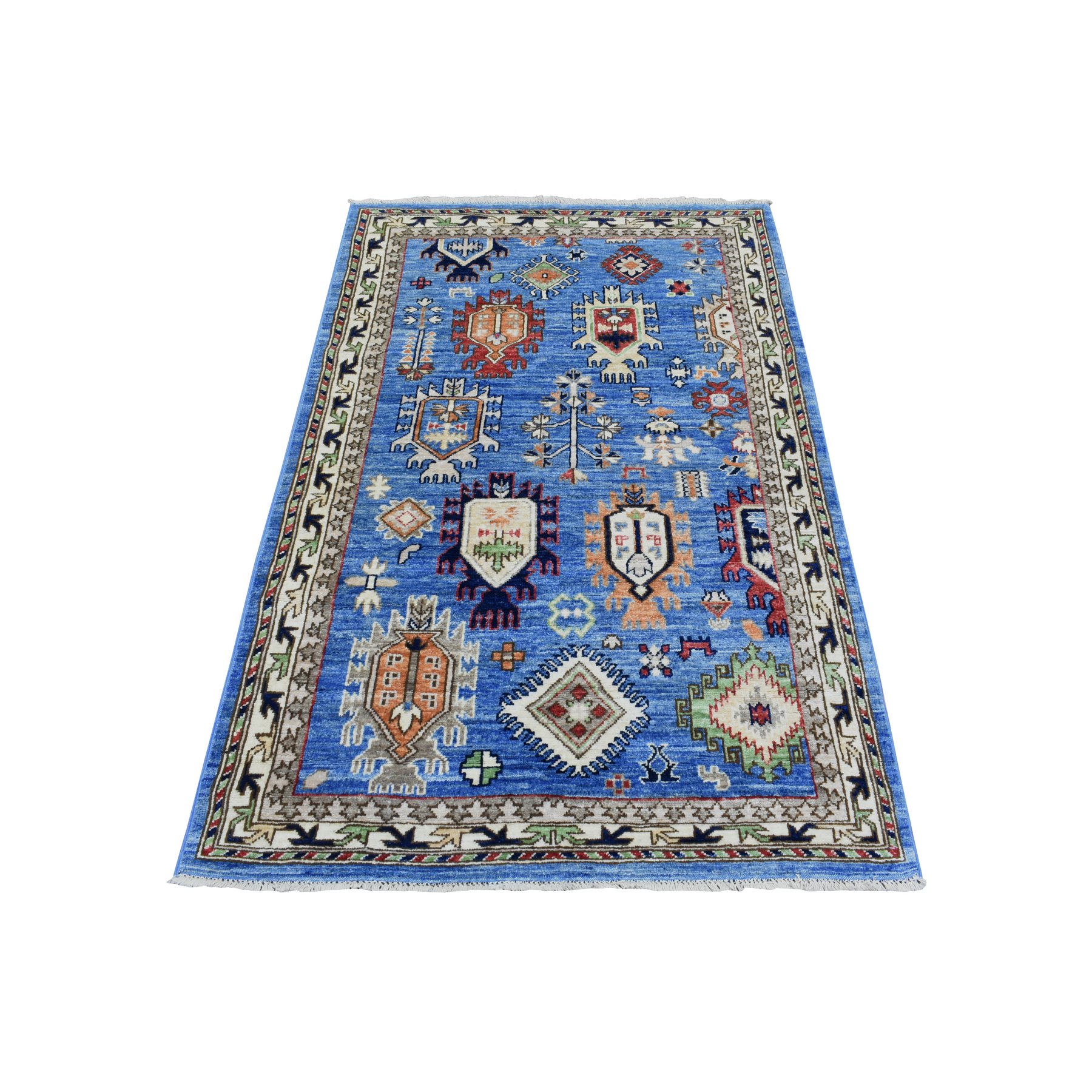 3'7"x5'4" Light Blue, Hand Knotted Afghan Ersari with Large Elements Design, Natural Dyes Soft and Lush Pile Wool, Oriental Rug HR72413