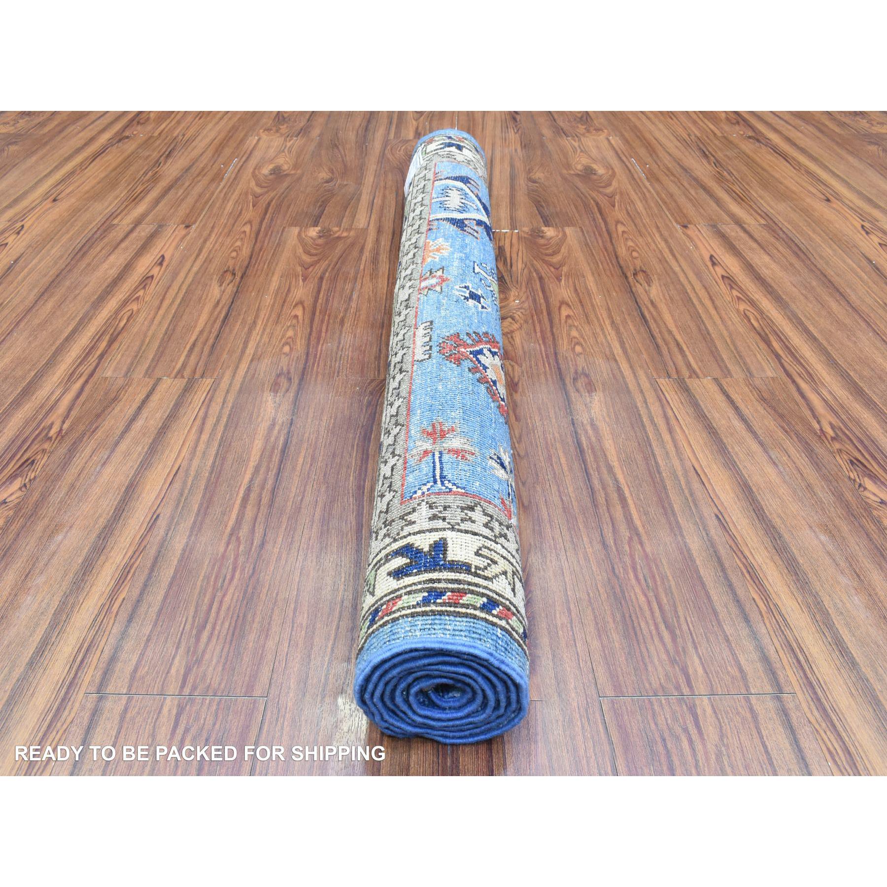 3'7"x5'4" Light Blue, Hand Knotted Afghan Ersari with Large Elements Design, Natural Dyes Soft and Lush Pile Wool, Oriental Rug HR72413 - Image 4