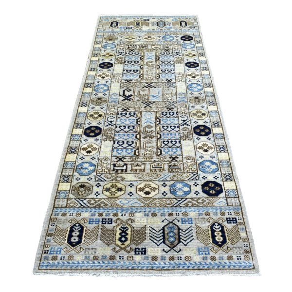 2'10"x8'4" Light Gray, Hand Knotted Afghan Ersari with Hutchlu Design, Natural Dyes Soft Lush Pile Pure Wool, Runner Oriental Rug HR72429