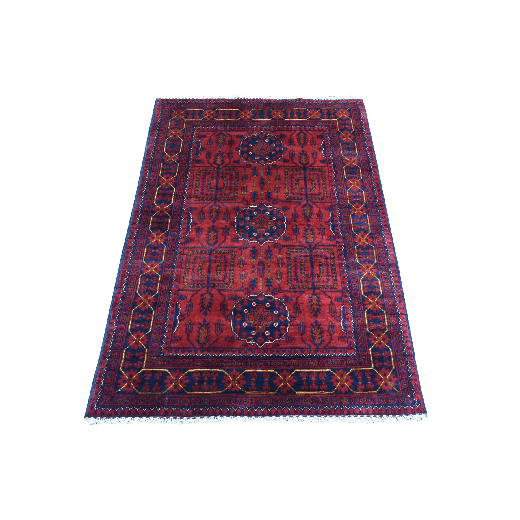 3'4"x4'9" Deep and Saturated Red, Afghan Khamyab with Geometric Design, Soft and Shiny Wool Hand Knotted, Oriental Rug HR72481