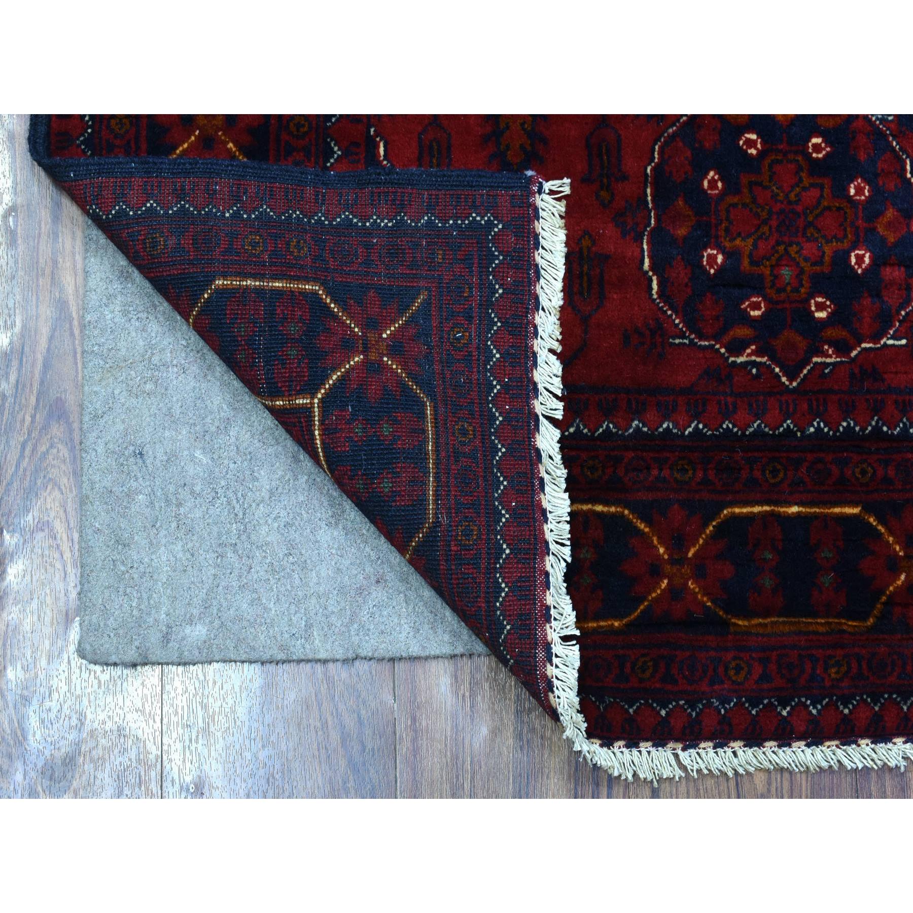 3'4"x4'9" Deep and Saturated Red, Afghan Khamyab with Geometric Design, Soft and Shiny Wool Hand Knotted, Oriental Rug HR72481 - Image 2
