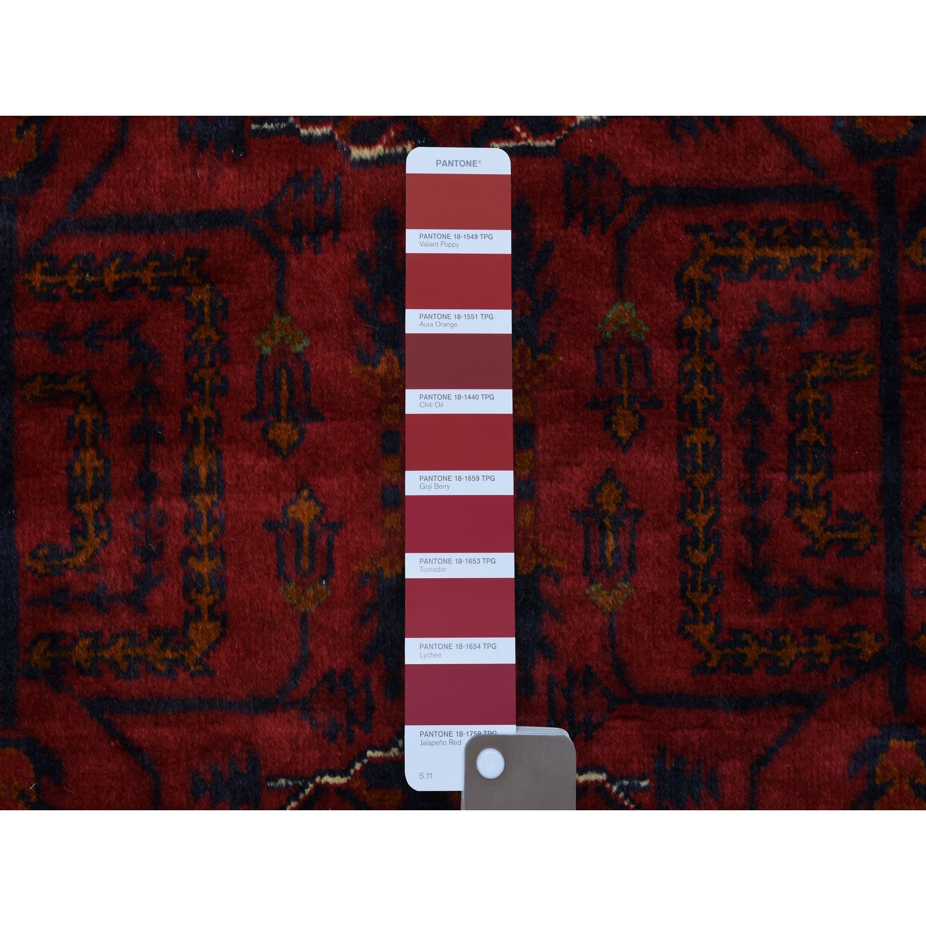 3'4"x4'9" Deep and Saturated Red, Afghan Khamyab with Geometric Design, Soft and Shiny Wool Hand Knotted, Oriental Rug HR72481 - Image 3
