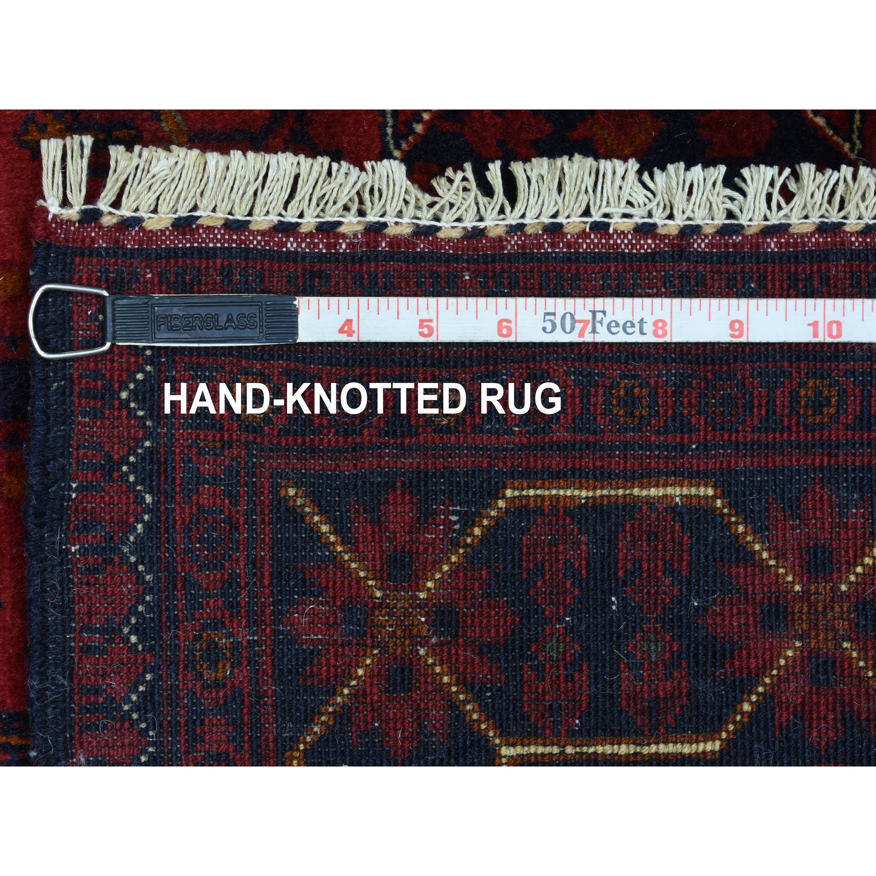 3'4"x4'9" Deep and Saturated Red, Afghan Khamyab with Geometric Design, Soft and Shiny Wool Hand Knotted, Oriental Rug HR72481 - Image 6