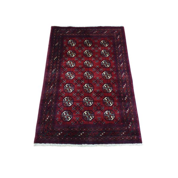 2'7"x3'10" Deep and Saturated Red, Afghan Khamyab Bokara, Velvety Wool with Tribal Design Hand Knotted Mat Oriental Rug HR72496