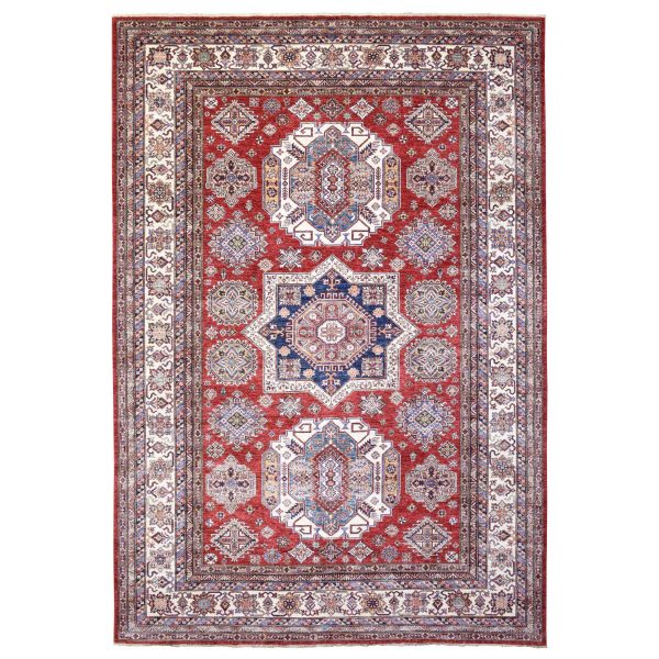 8'10"x13' Tomato Red, Afghan Super Kazak with Tribal Medallions Design Natural Dyes, Densely Woven Pure Wool Hand Knotted, Oriental Rug HR72549