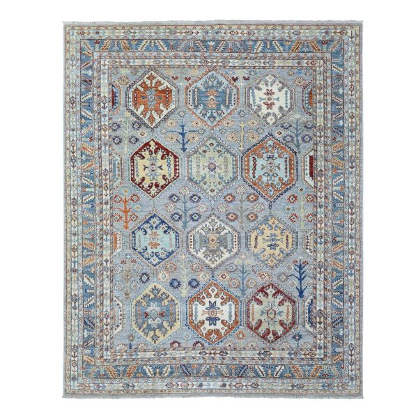 7'10"x9'6" Light Gray, Afghan Ersari with Large Tribal Medallions, Natural Dyes Soft Lush Pile, Soft and Shiny Wool Hand Knotted, Oriental Rug HR72577
