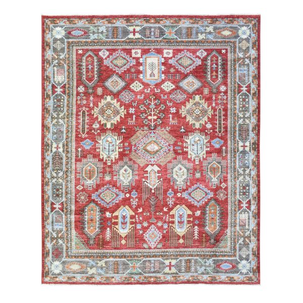 8'x9'7" Brick Red, Hand Knotted Afghan Ersari with Large Elements, Natural Dyes Soft Lush Pile Extra Soft Wool, Oriental Rug HR72623