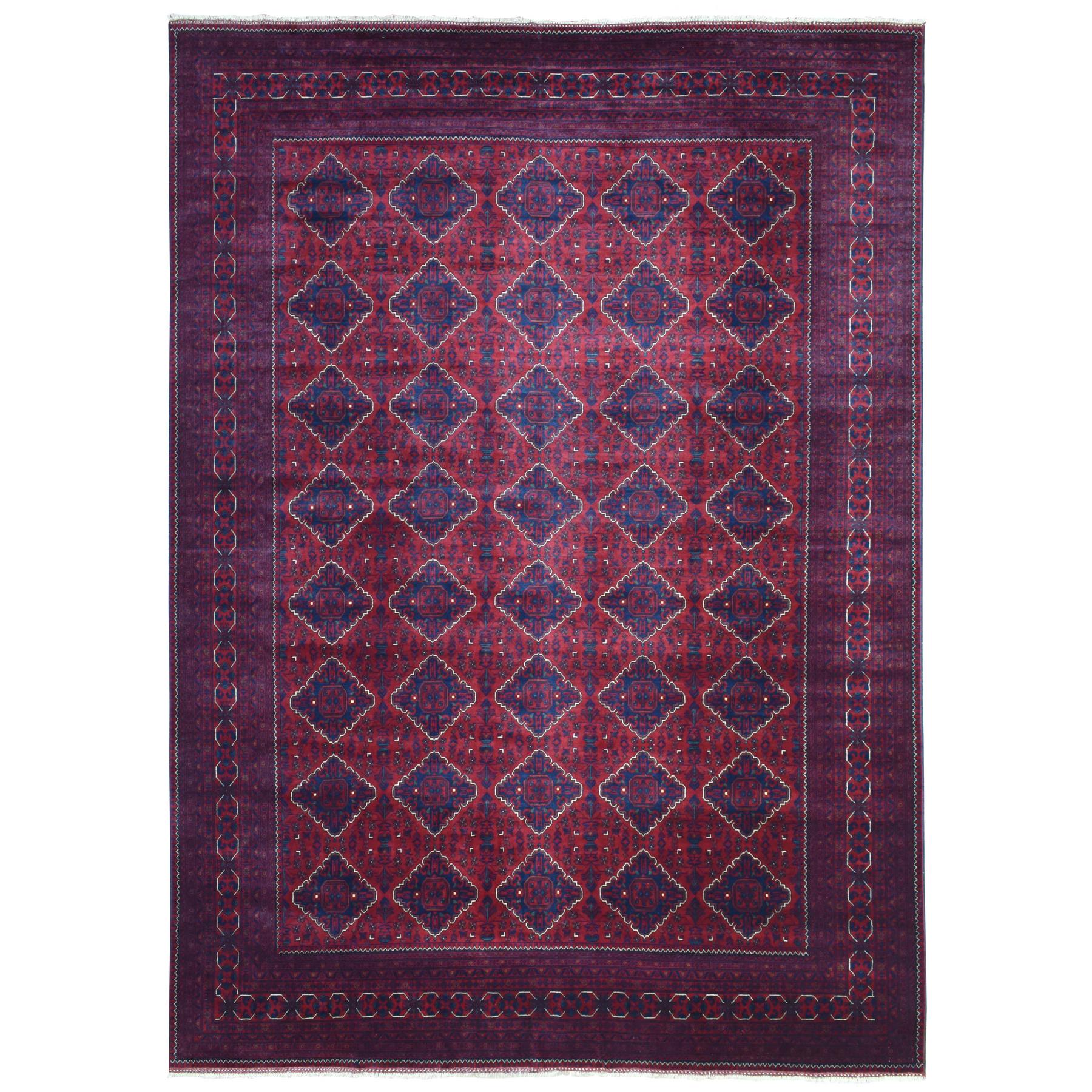 9'8"x13' Deep and Saturated Red, Hand Knotted with Tribal Design, Soft and Shiny Wool Afghan Khamyab Oriental Rug HR72661