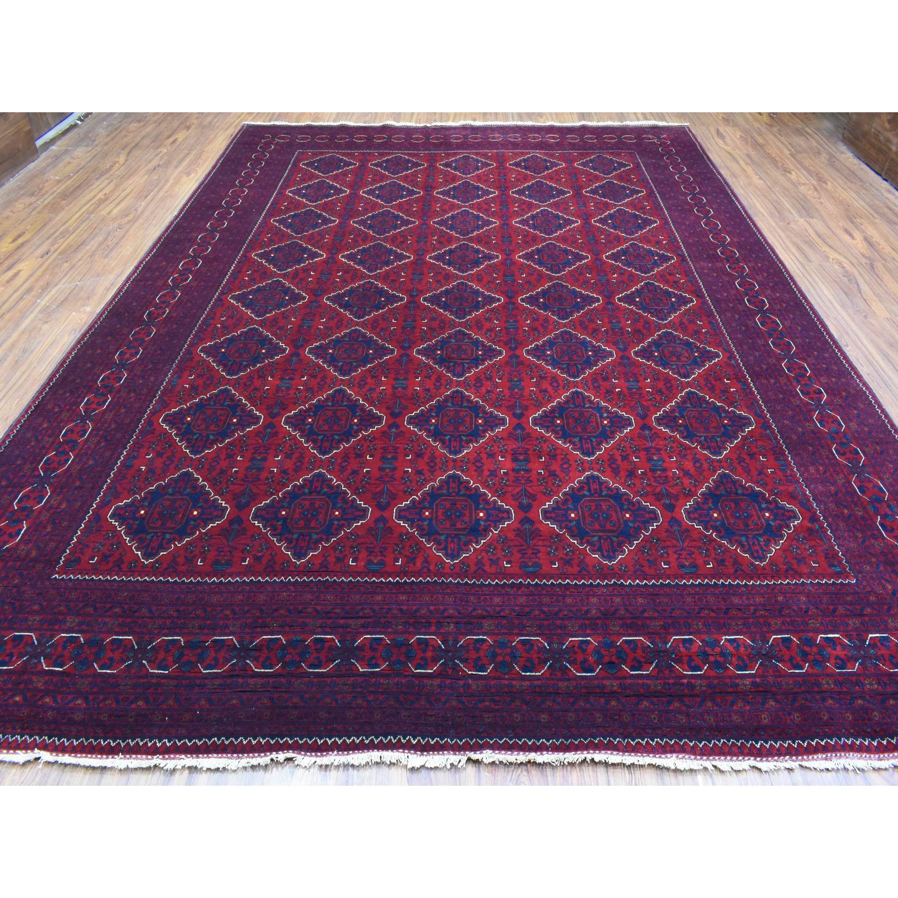 9'8"x13' Deep and Saturated Red, Hand Knotted with Tribal Design, Soft and Shiny Wool Afghan Khamyab Oriental Rug HR72661 - Image 3