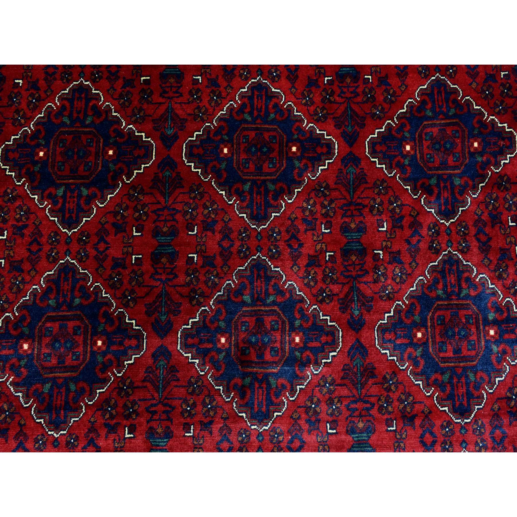 9'8"x13' Deep and Saturated Red, Hand Knotted with Tribal Design, Soft and Shiny Wool Afghan Khamyab Oriental Rug HR72661 - Image 9
