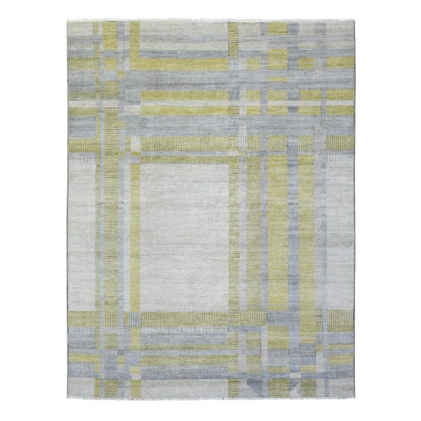 7'9"x10'2" Light Gray, Modern Design Art Deco, Natural Dyes Densely Woven, Soft Organic Wool Hand Knotted, Oriental Rug HR72672
