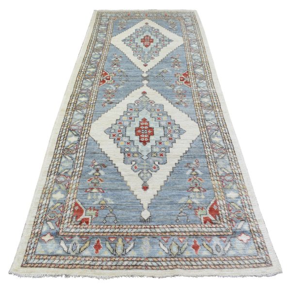 4'x10'4" Gray Hand Knotted Anatolian Village Inspired with Geometric Design Natural Dyes Soft Wool Wide Runner Oriental Rug HR72742
