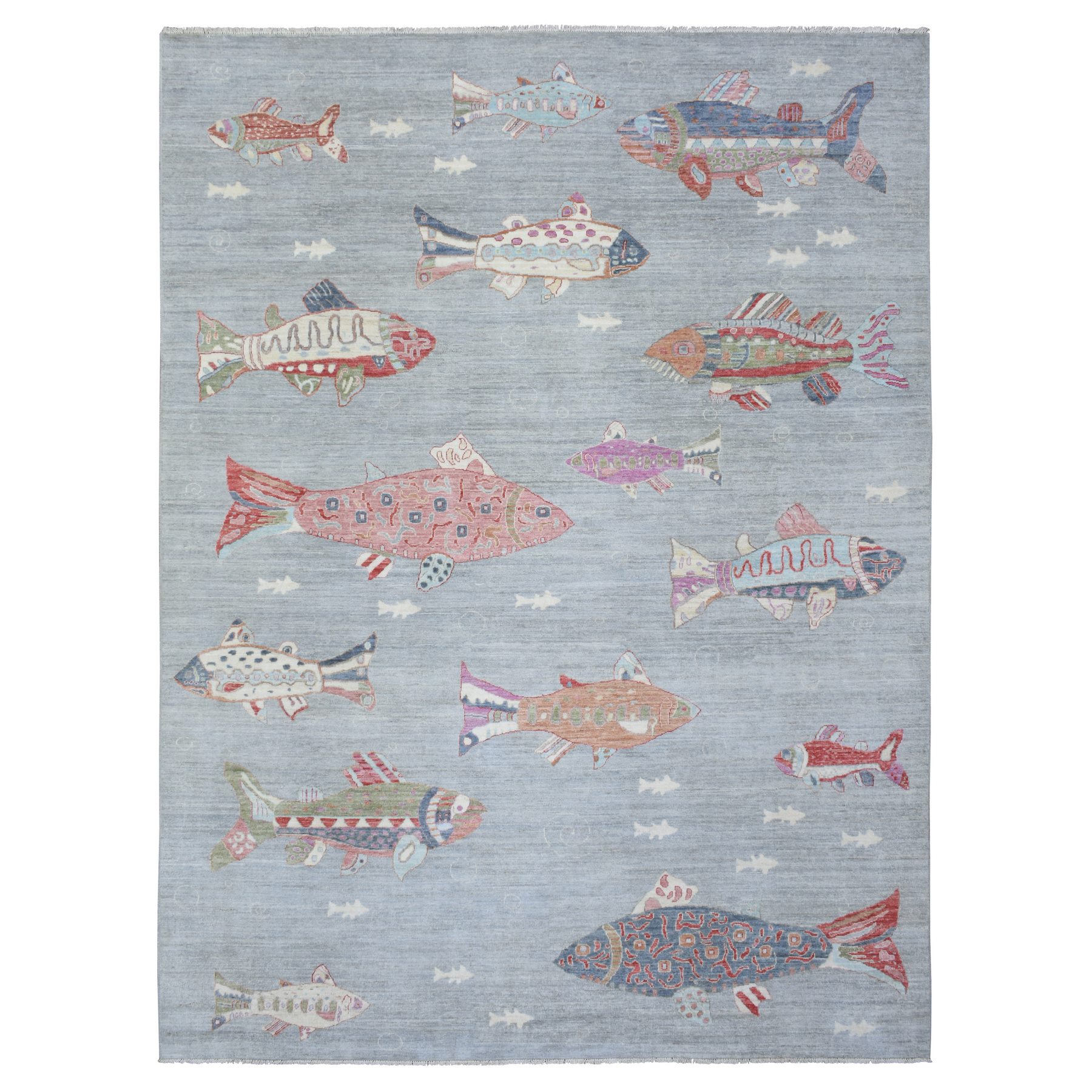9'2"x11'9" Light Gray, Densely Woven Soft Wool Hand Knotted, Afghan Peshawar with Colorful Oceanic Fish Design Natural Dyes, Oriental Rug HR72764