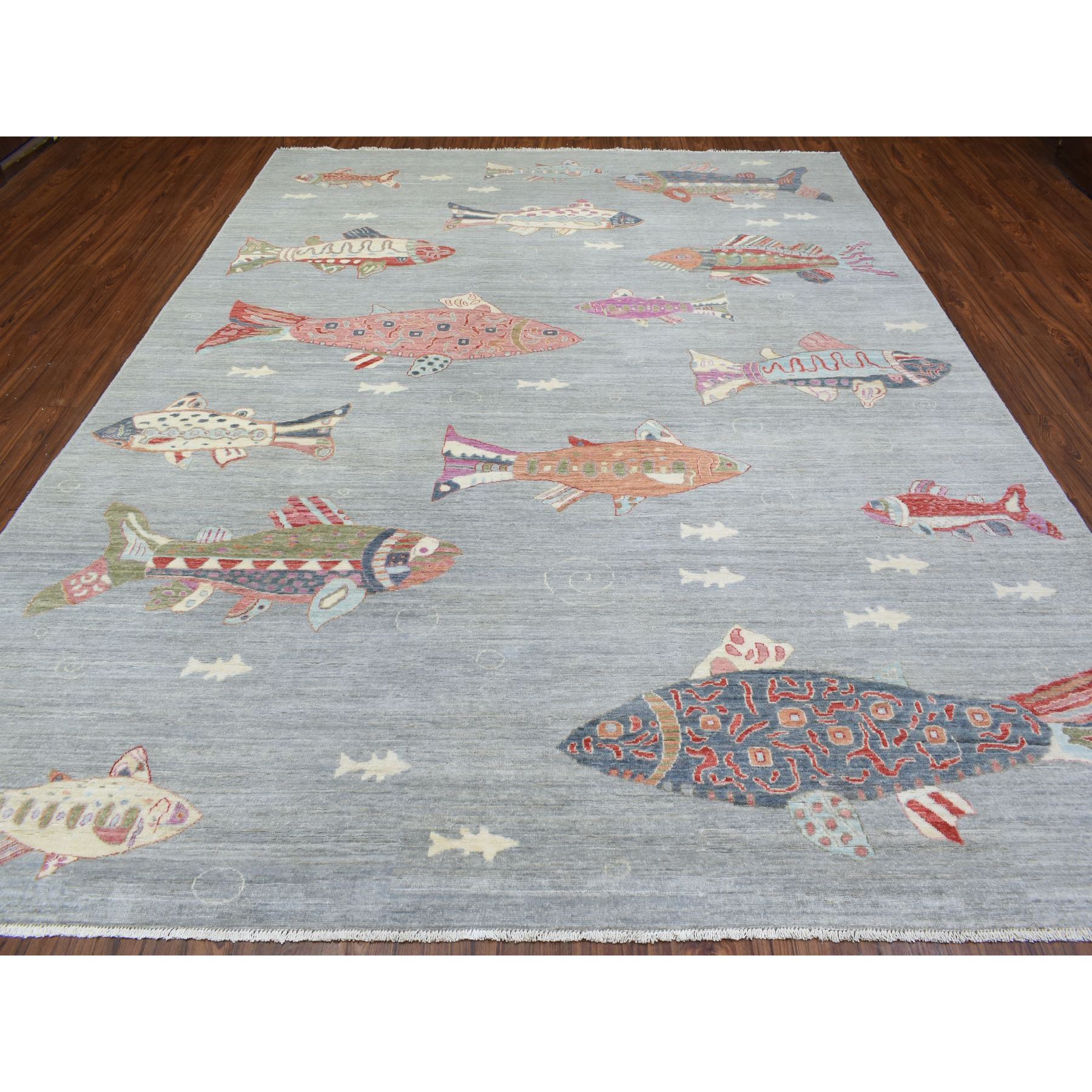 9'2"x11'9" Light Gray, Densely Woven Soft Wool Hand Knotted, Afghan Peshawar with Colorful Oceanic Fish Design Natural Dyes, Oriental Rug HR72764 - Image 3