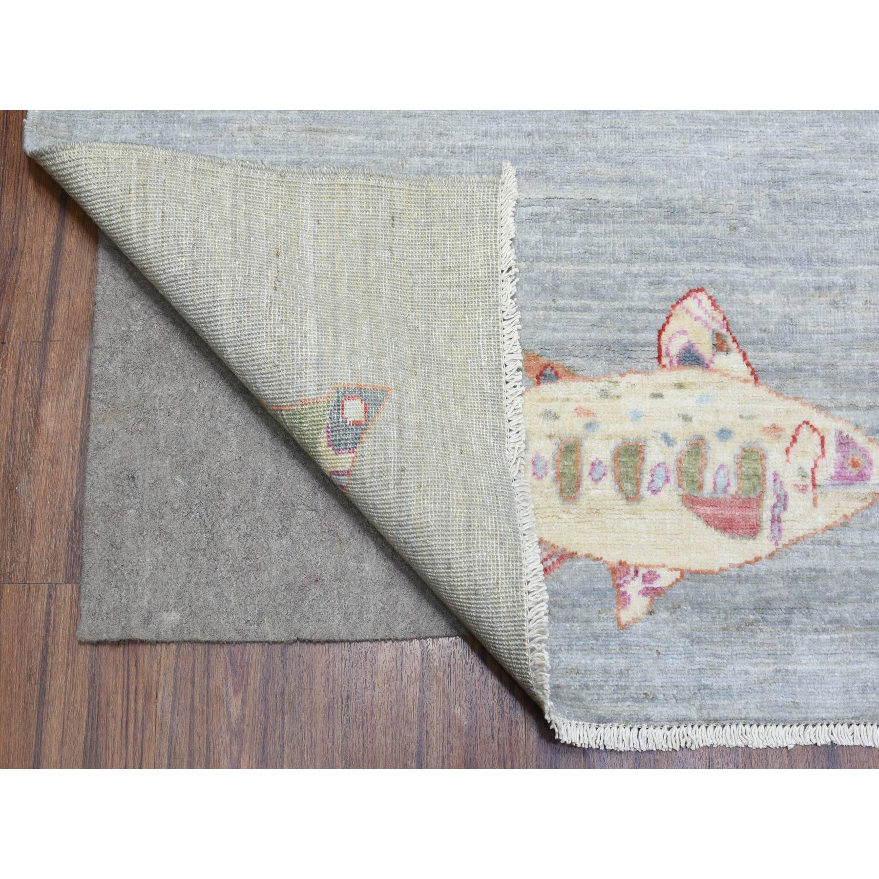 9'2"x11'9" Light Gray, Densely Woven Soft Wool Hand Knotted, Afghan Peshawar with Colorful Oceanic Fish Design Natural Dyes, Oriental Rug HR72764 - Image 5