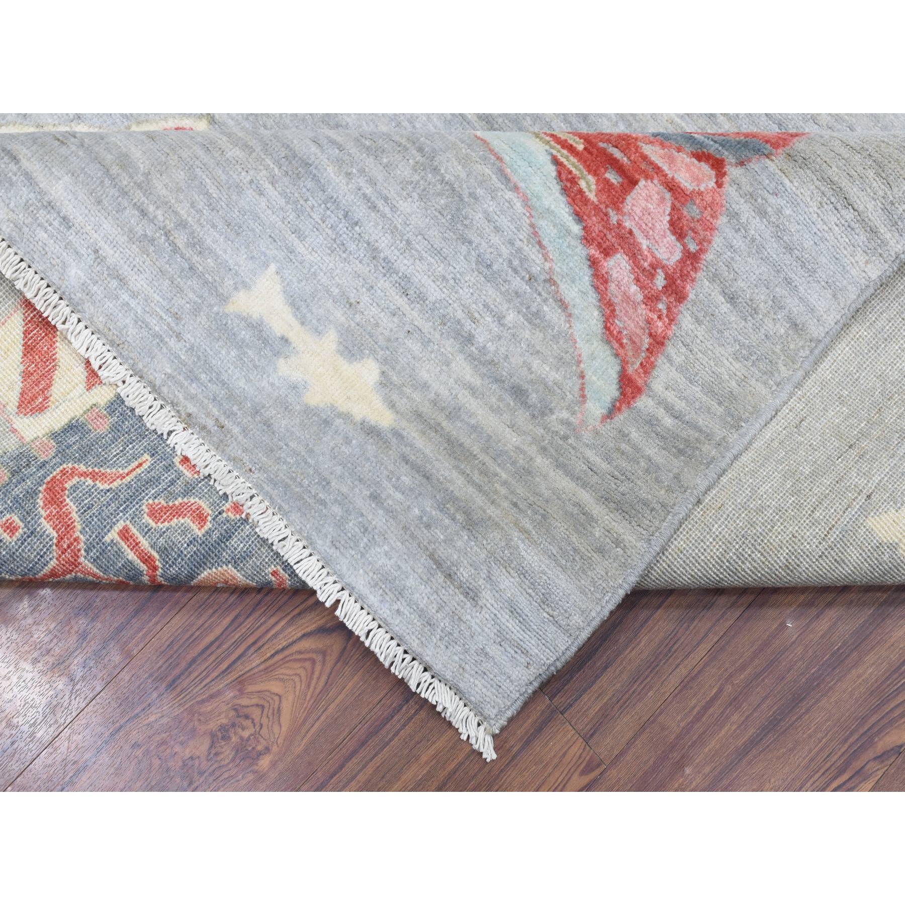 9'2"x11'9" Light Gray, Densely Woven Soft Wool Hand Knotted, Afghan Peshawar with Colorful Oceanic Fish Design Natural Dyes, Oriental Rug HR72764 - Image 7