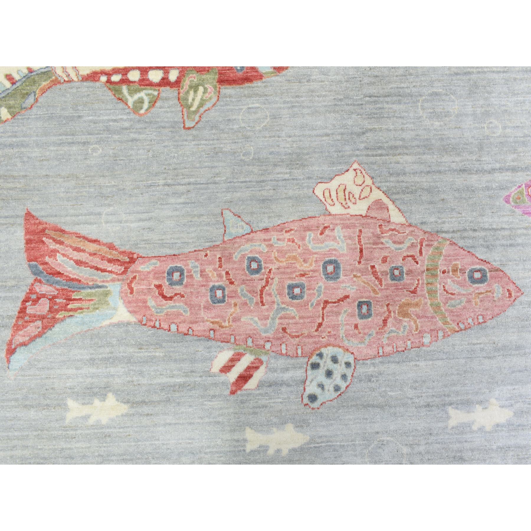 9'2"x11'9" Light Gray, Densely Woven Soft Wool Hand Knotted, Afghan Peshawar with Colorful Oceanic Fish Design Natural Dyes, Oriental Rug HR72764 - Image 9