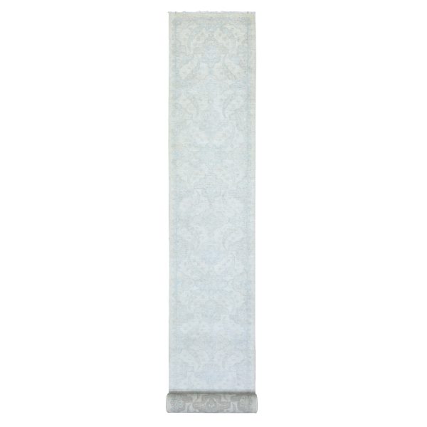 2'6"x19'4" Ivory, Soft and Shiny Wool Hand Knotted, White Wash Peshawar Natural Dyes, XL Runner Oriental Rug HR72801