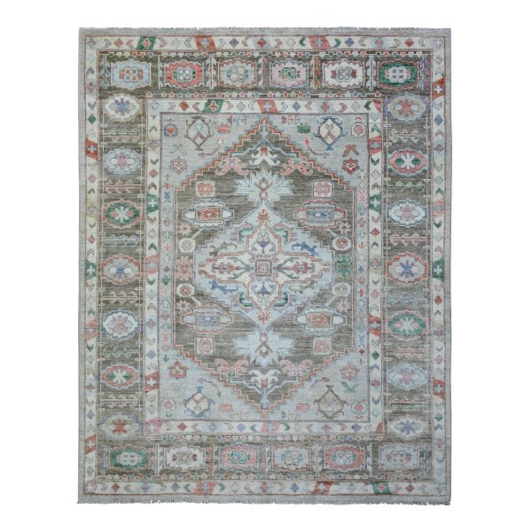8'2"x10'3" Light Gray, Soft Wool Hand Knotted, Anatolian Village Inspired with Large Medallion Design, Natural Dyes Densely Woven, Oriental Rug HR72820
