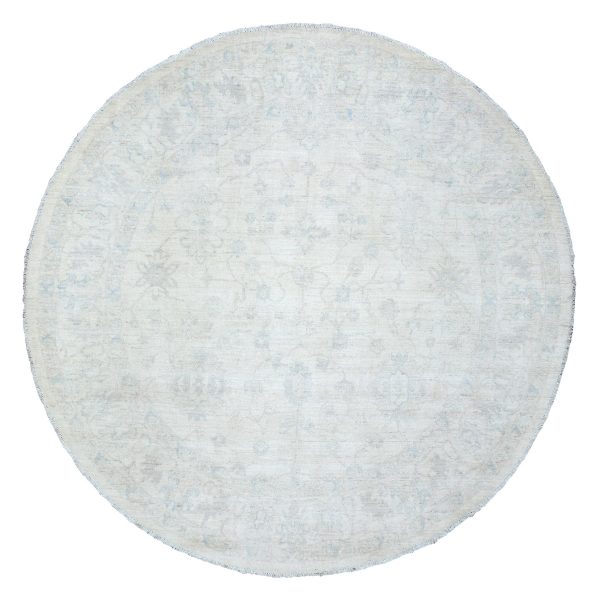 7'10"x7'10" Ivory, White Wash Peshawar Natural Dyes, Soft and Shiny Wool Hand Knotted, Round Oriental Rug HR72881