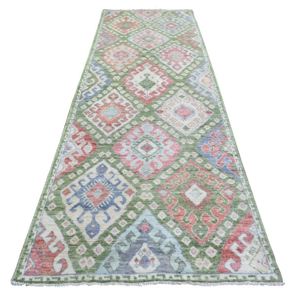 3'10"x12' Colorful, Anatolian Village Inspired with Large Elements, Natural Dyes Hand Knotted Soft Wool Runner Oriental Rug HR72891