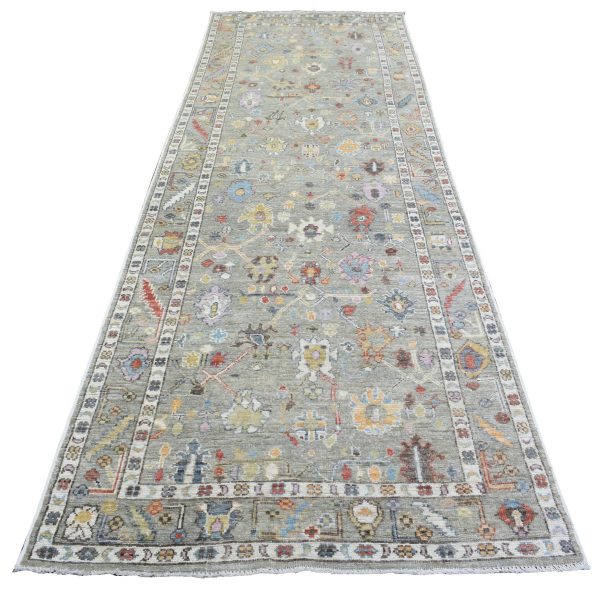 4'x11'10" Light Gray Afghan Angora Oushak with Colorful Motifs Natural Dyes, Soft Wool Hand Knotted Runner Oriental Rug HR72904