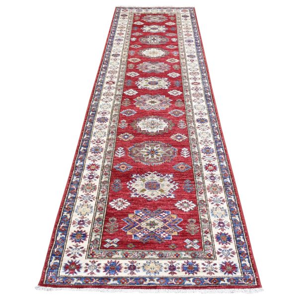 3'x11' Rich Red Hand Knotted, Extra Soft Wool, Afghan Super Kazak with Geometric Medallions, Natural Dyes Runner Oriental Rug HR72908