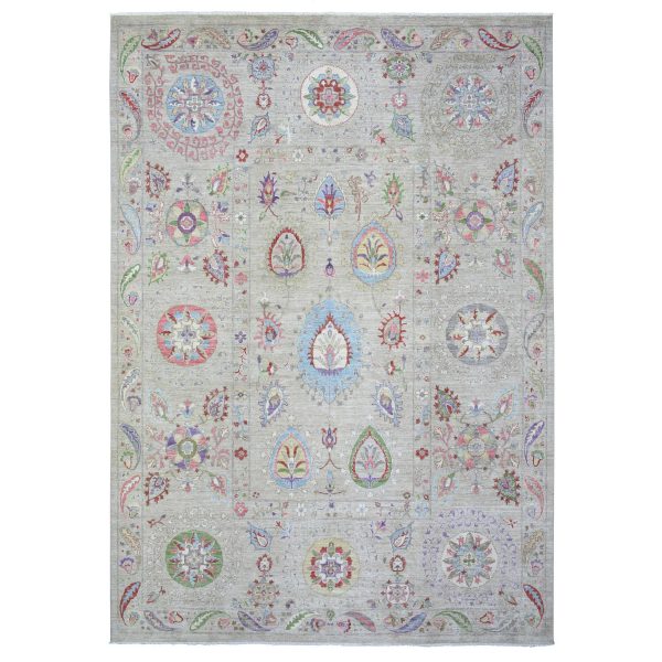 10'x13'10" Light Beige, Soft and Shiny Wool Hand Knotted, Fine Peshawar with Suzani Design, Natural Dyes Dense Weave, Oriental Rug HR72929