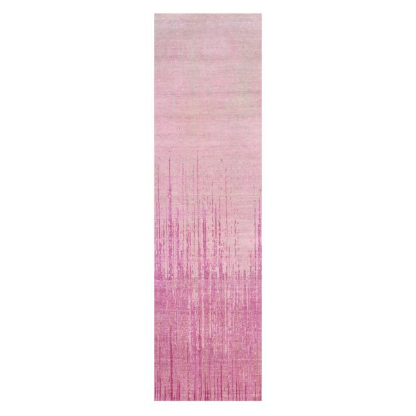 2'7"x10' Pink Hand Knotted Vertical Ombre Design Natural Wool Runner Oriental Rug HR75109