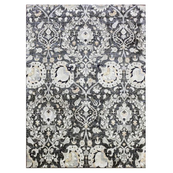 8'2"X10' Gray-Blue Tulip and Large Blossom Design Pure Silk with Textured Wool Hand Knotted Oriental Rug HR75121