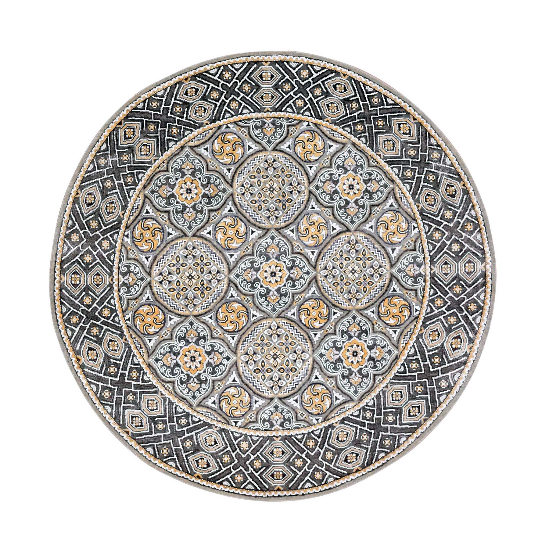 6'2"x6'2" Taupe-Brown Textured Wool and Silk Mughal Inspired Medallions Design Hand-Knotted Round Oriental Rug HR75129