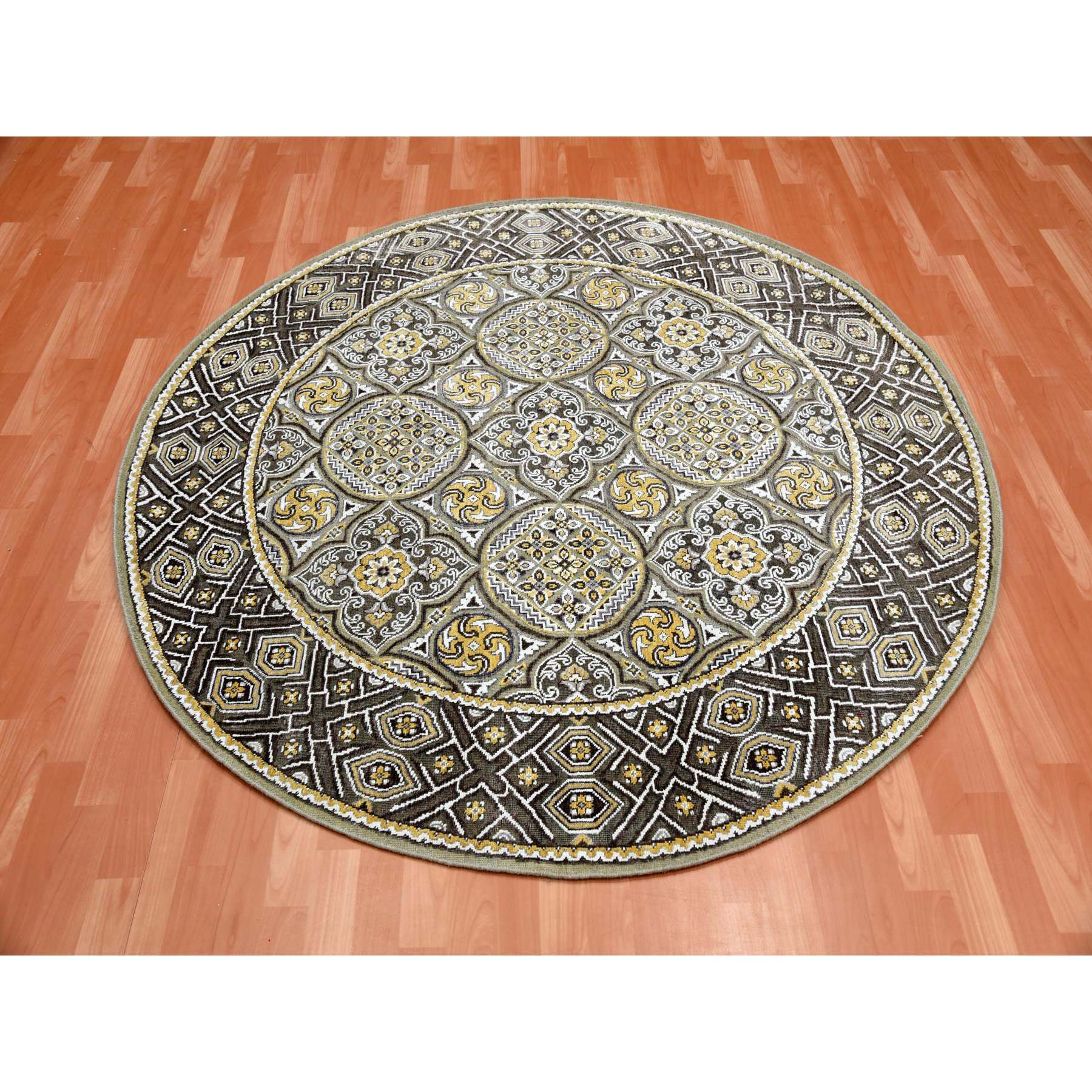 6'2"x6'2" Taupe-Brown Textured Wool and Silk Mughal Inspired Medallions Design Hand-Knotted Round Oriental Rug HR75129 - Image 2