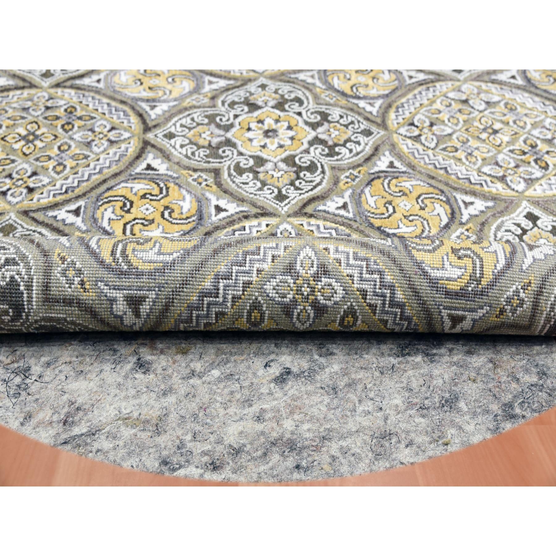 6'2"x6'2" Taupe-Brown Textured Wool and Silk Mughal Inspired Medallions Design Hand-Knotted Round Oriental Rug HR75129 - Image 3