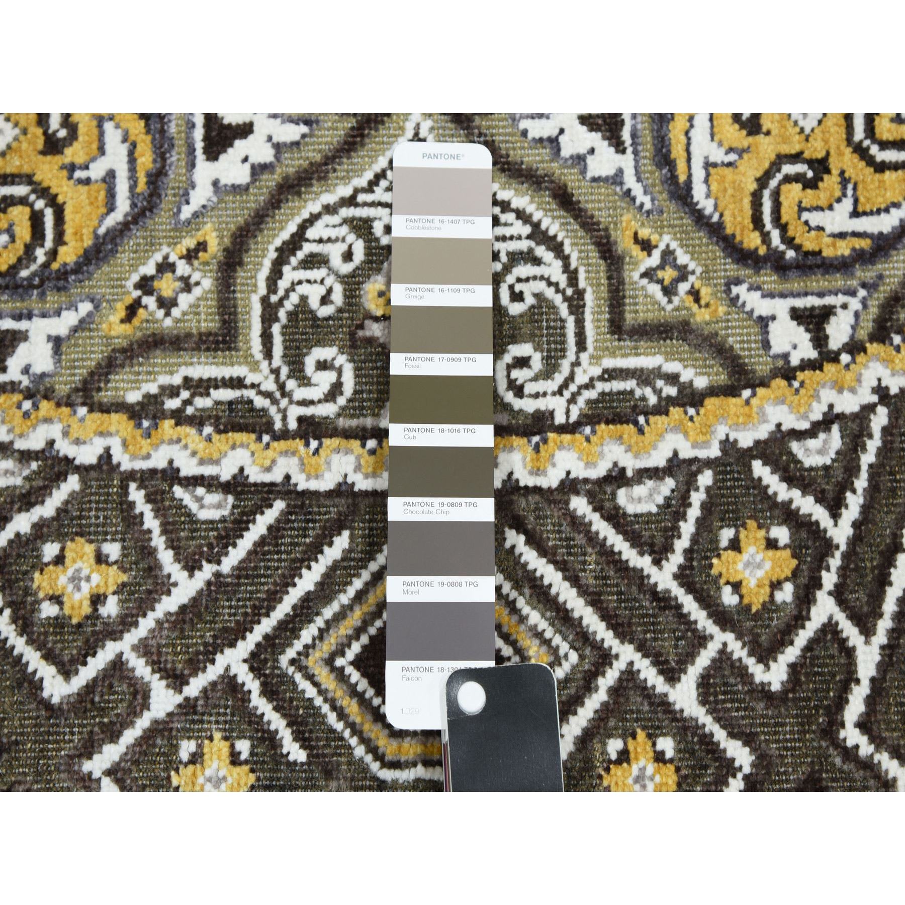 6'2"x6'2" Taupe-Brown Textured Wool and Silk Mughal Inspired Medallions Design Hand-Knotted Round Oriental Rug HR75129 - Image 4