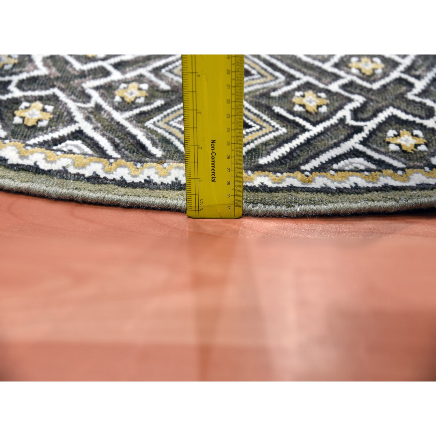 6'2"x6'2" Taupe-Brown Textured Wool and Silk Mughal Inspired Medallions Design Hand-Knotted Round Oriental Rug HR75129 - Image 6